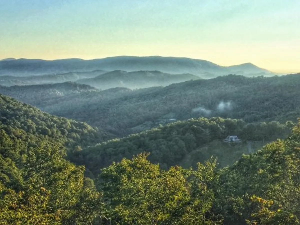This image captures a sweeping view of rolling hills, dense forest, and distant mountains, all beneath a wide, open sky. The tranquil scene evokes the beauty and tranquility of the natural setting surrounding Journeys End.