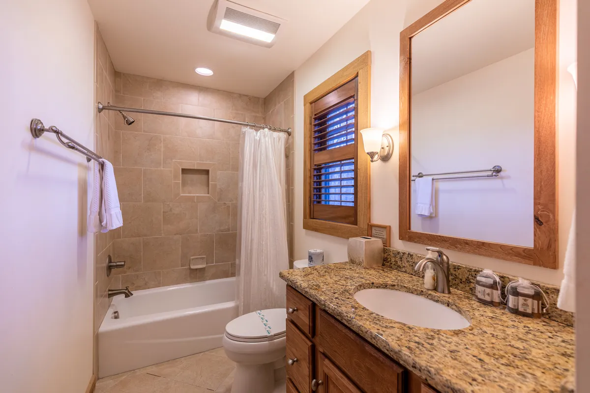 A well-appointed bathroom with a granite countertop, wooden mirror frame, spacious shower area, and a toilet. The calm, modern design creates a serene setting for relaxation and self-care routines.